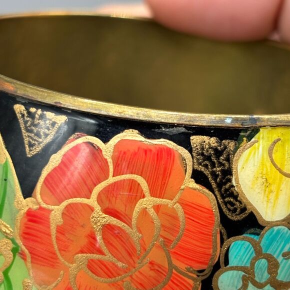 Brass Bangle Bracelet Hand Painted Floral Enamel Wide Boho Retro Vintage Style - Picture 8 of 9